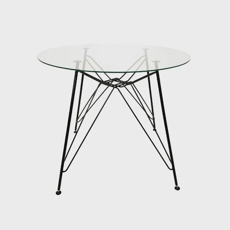 Mesa Eames Ferro Eiffel cor Preta de Jantar ou Cozinha para 4 lugares com Tampo de Vidro Redondo 90cm