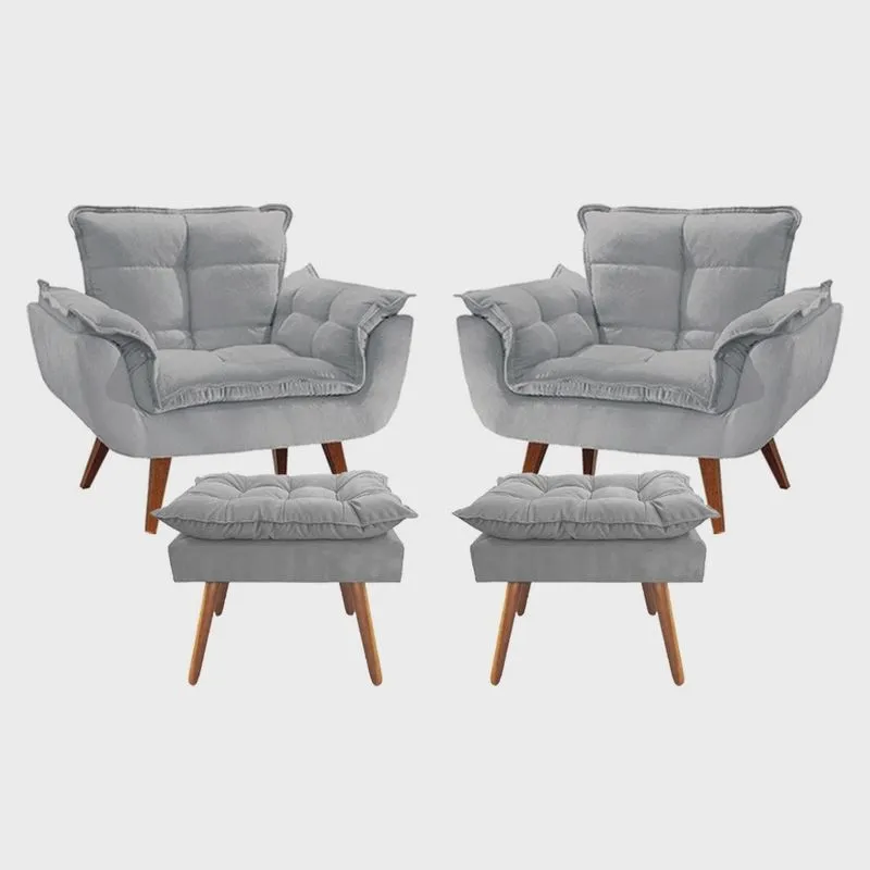 Kit 2 Poltronas + 2 Puff Opala Luxo com Pés Estilo Retrô - Cinza Claro