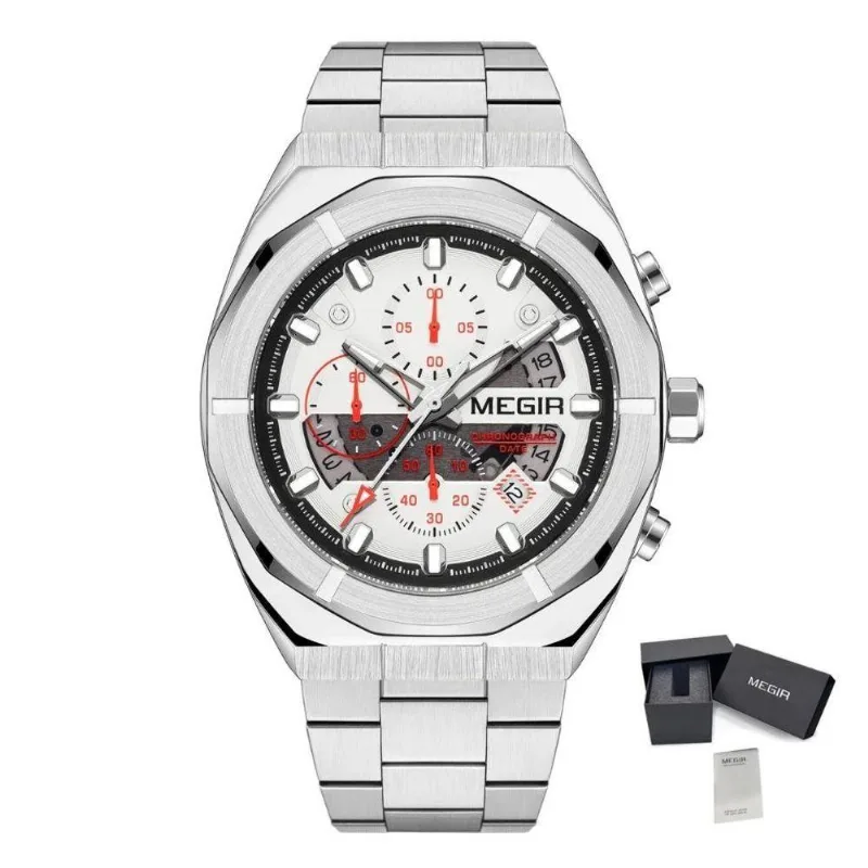 Relógio Masculino Cronógrafo Aço Inox Luminoso à Prova D'água Prata Megir