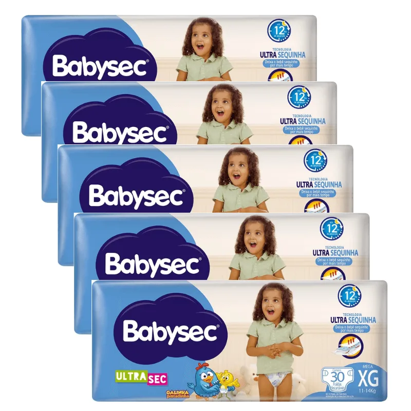 Kit 5 Fraldas Babysec Ultrasec Mega Galinha Pintadinha XG com 30 unidades