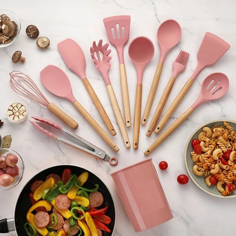 12 pçs cozinha silicone utensílios de cozinha conjunto antiaderente panelas com alça de madeira fácil de limpar rosa