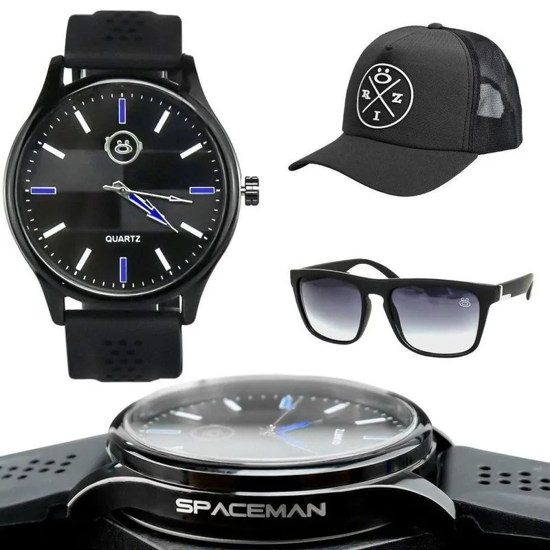 Relogio Masculino Preto + Oculos Sol Proteção Uv Casual Presente Original Moda Masculina Social