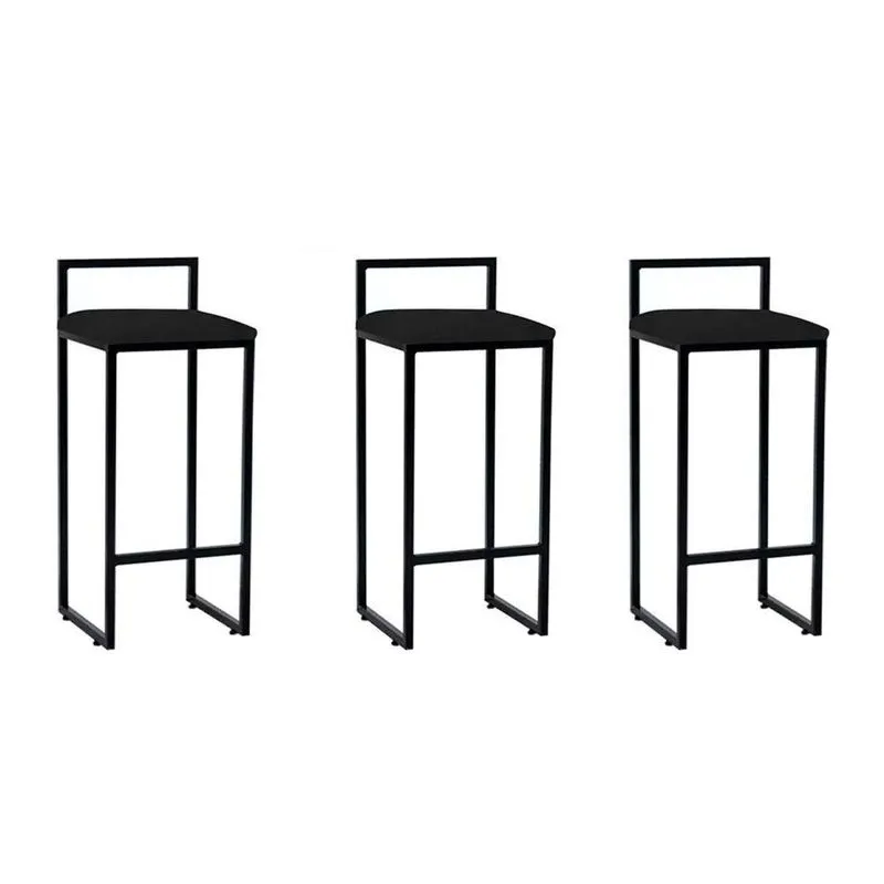 Kit 3 Banquetas Industriais Premium Bar Cozinha Bistrô Em Aço Dori Preta Assento Suede Preto