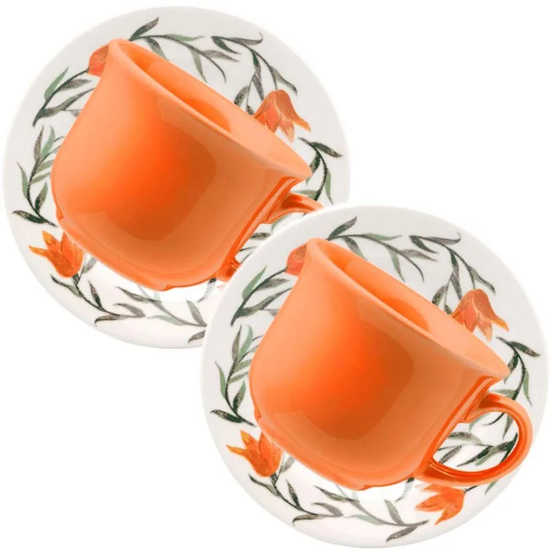 Jogo de Xícaras com Pires Donna Lírios 8 Peças Cerâmica Floral 200ml Laranja Biona