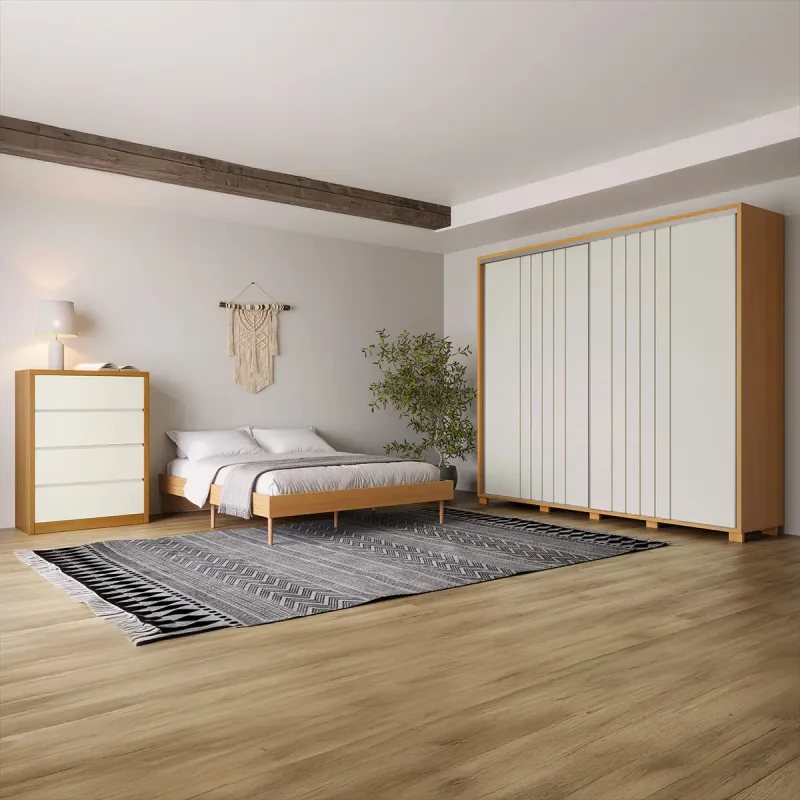 Cama Casal com Guarda Roupa 2 Portas de Correr Ripadas e Cômoda 100% MDF
