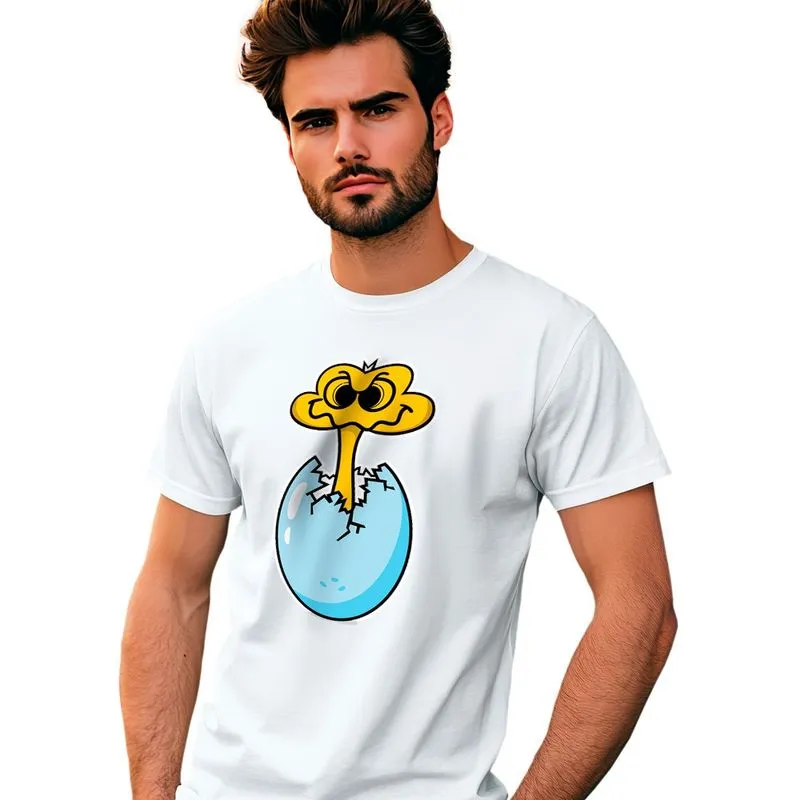 Camiseta Estampada Avestruz 100% Algodão Gola U Branca