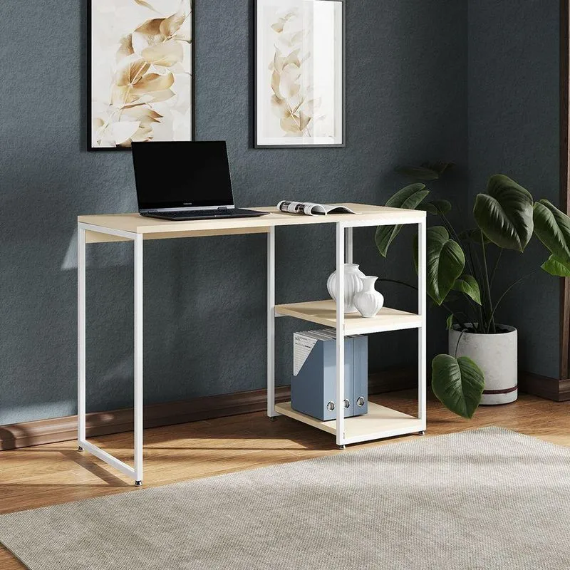 Mesa Escritório Berlim Industrial Com Prateleira Ferro Branco Tampo 110x46 Off White