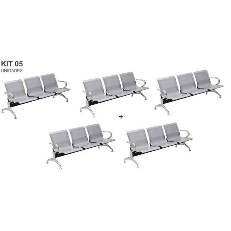 Kit com 05 Cadeiras Longarina Aeroporto Cromada 3 Lugares