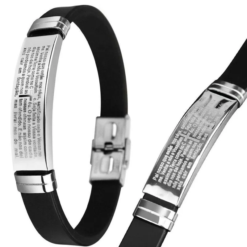 Pulseira Masculina Orizom Pai Nosso Aço Inox Silicone Prata Masculino
