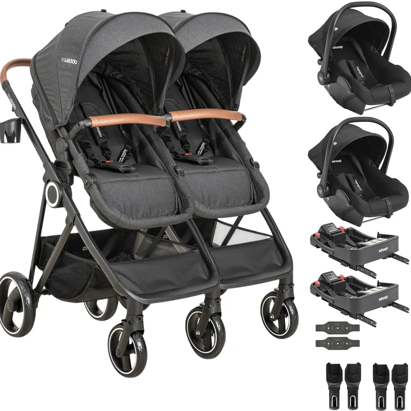 Carrinho Gêmeos Com 2 Bebê E 2 Base Isofix Colinho Kiddo Cosmos Preto