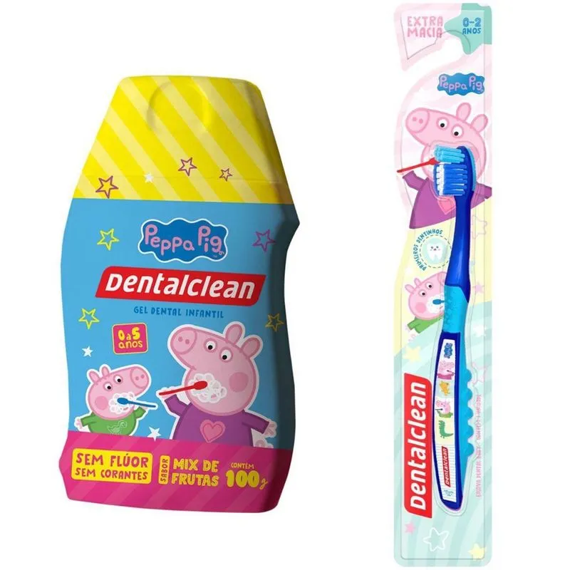 Escova Baby Azul + Gel Dental Sem Fluor Peppa - Dentalclean