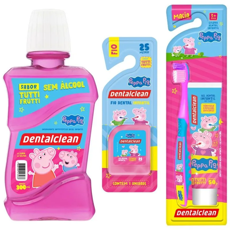 Kit gel dental + escova + fio dental + enxaguante - peppa