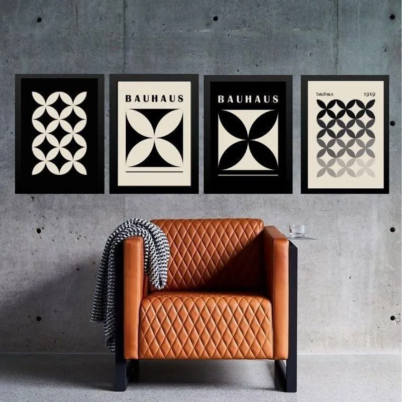 Kit 4 Quadros Bauhaus Bege Com Preto 45X34Cm