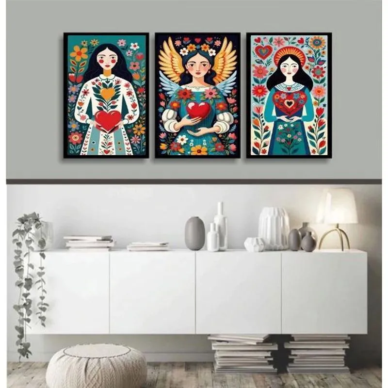 Kit 3 Quadros Folk Art - Mulheres Coração 45X34Cm - Vidro