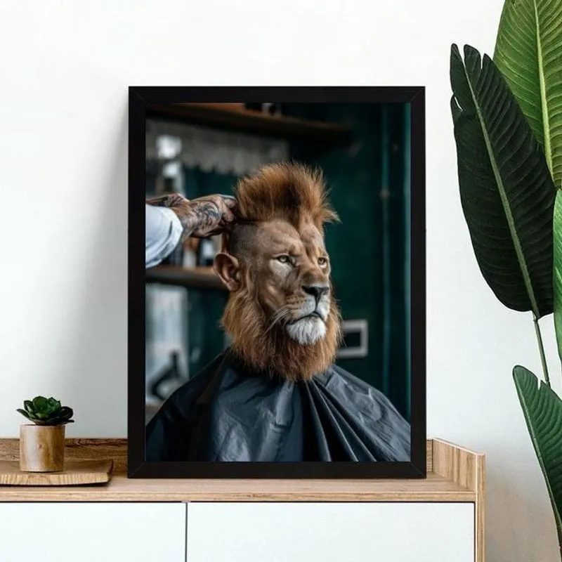 Quadro Decorativo Leão Na Barbearia 33X24Cm