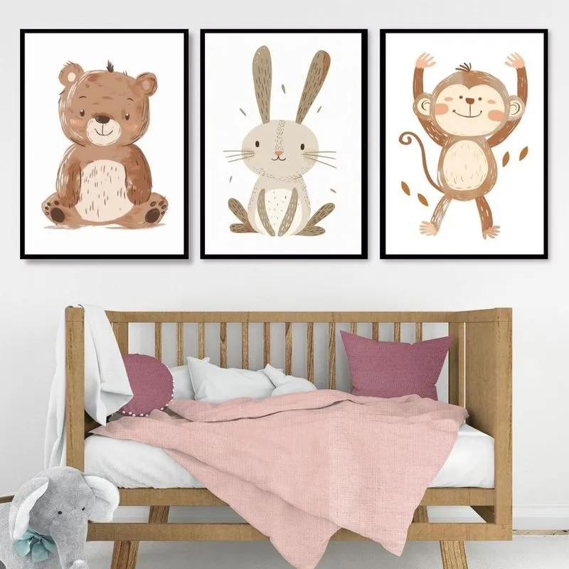 Kit 3 Quadros Infantis Animais Minimalistas 33X24Cm - Vidro