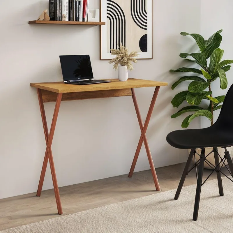 Mesa para Computador X Estrutura em Ferro 80cm Cobre Tampo Freijó UP Home