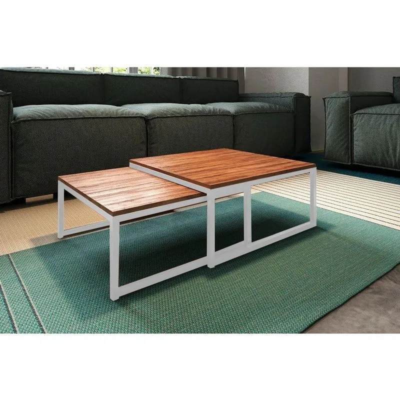 Mesa De Centro Industrial Duo Catarina Tampo Preto Base Ferro Vermelho - Preto