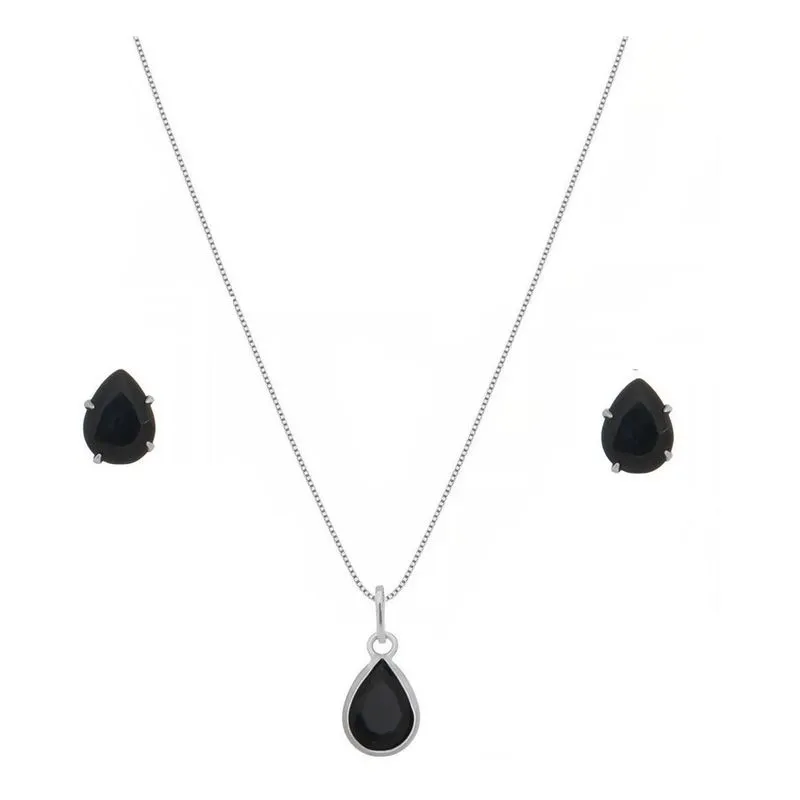 Conjunto Colar E Brinco Gota Prata 925 Pedras Onix Preta