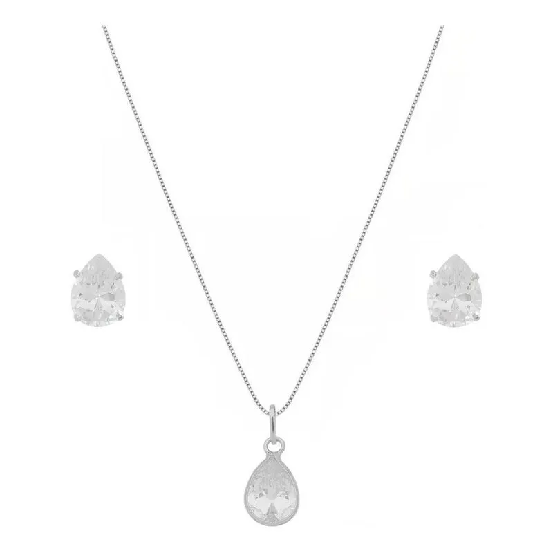 Conjunto Colar E Brinco Gota Prata 925 Pedra Cristal
