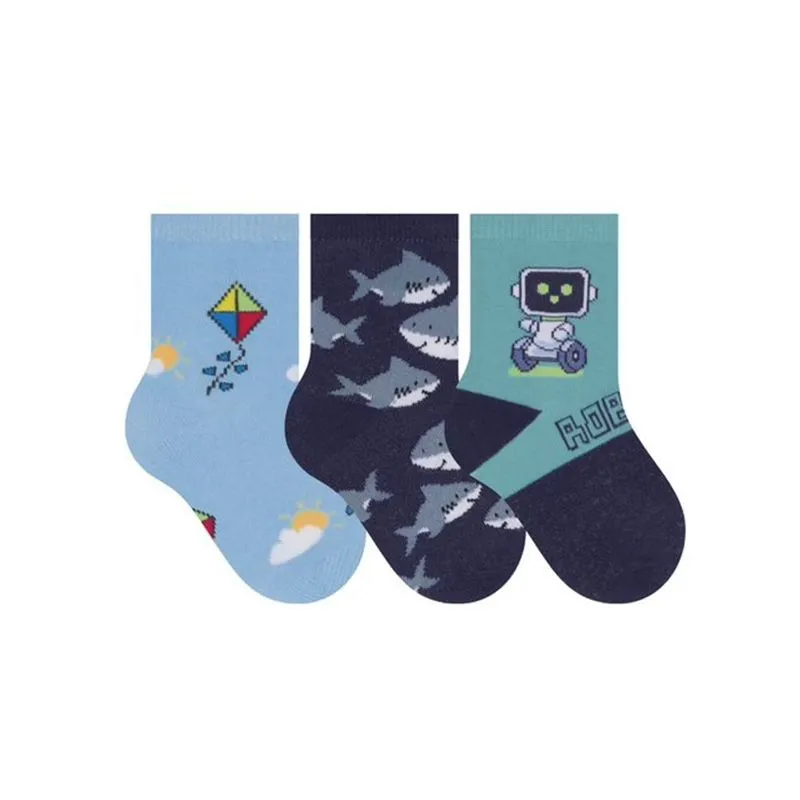 Meia Bebe Menino - Kit 3 Pares Tam. 17/20 Azul Marinho/Oceano - Selene.