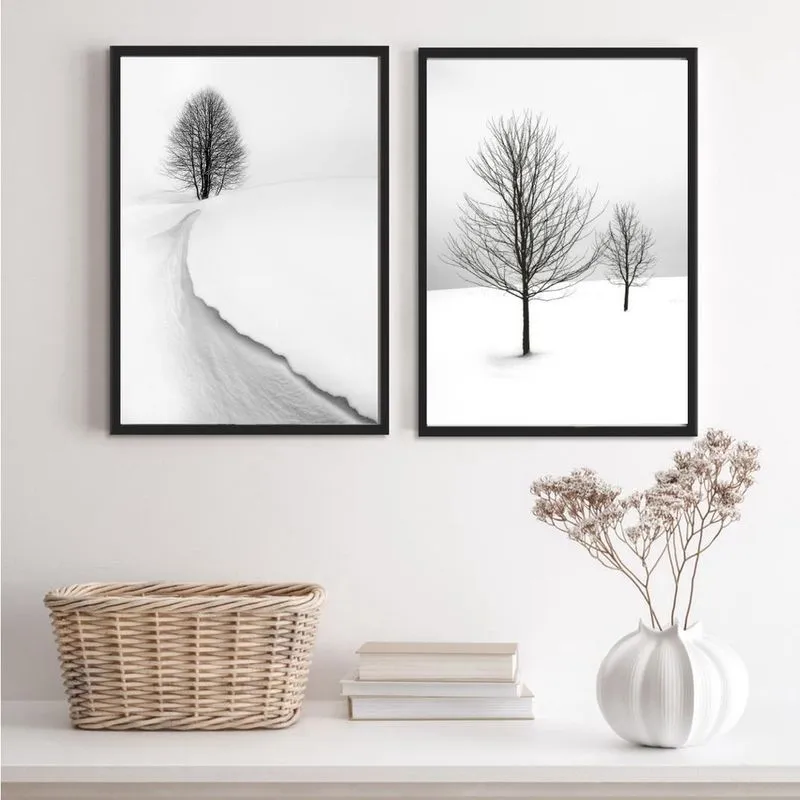 Kit 2 Quadros Paisagens Neve Árvores 33x24cm - Com Vidro