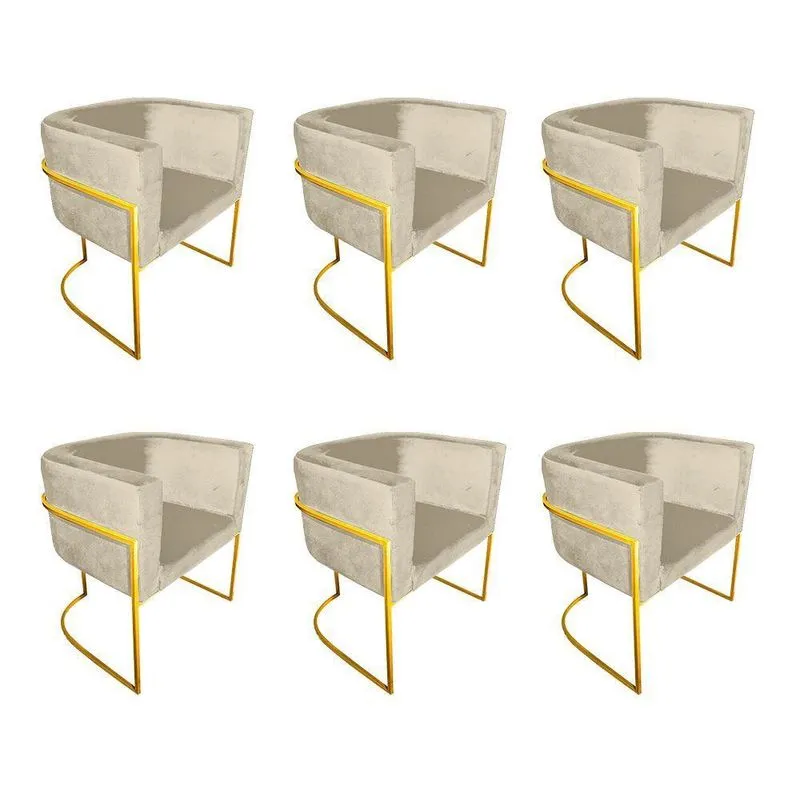 Kit 6 Cadeiras De Jantar Premium Base De Ferro Dourada Veludo Bege