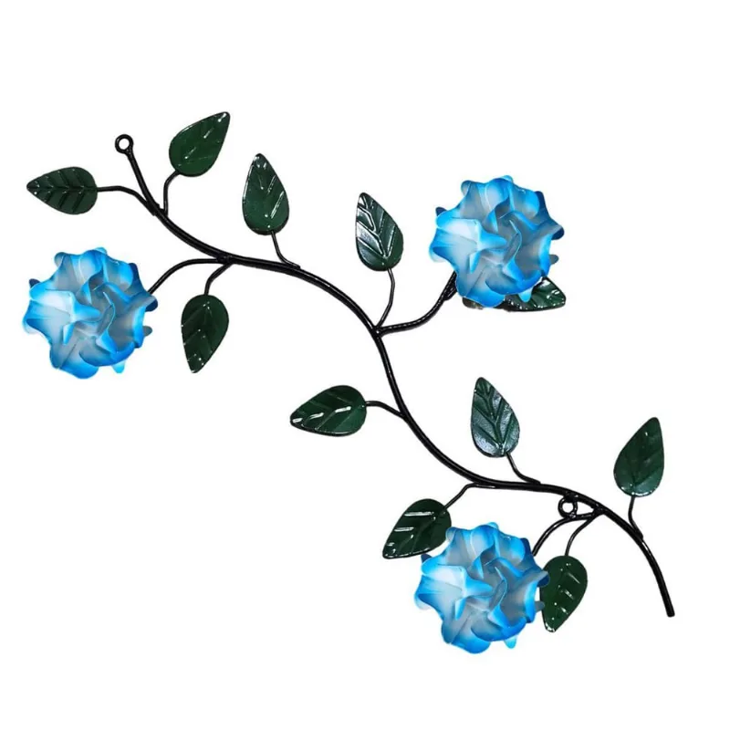 Arranjo De Parede Com Folhas E Flores Em Ferro 3 Rosas Azul