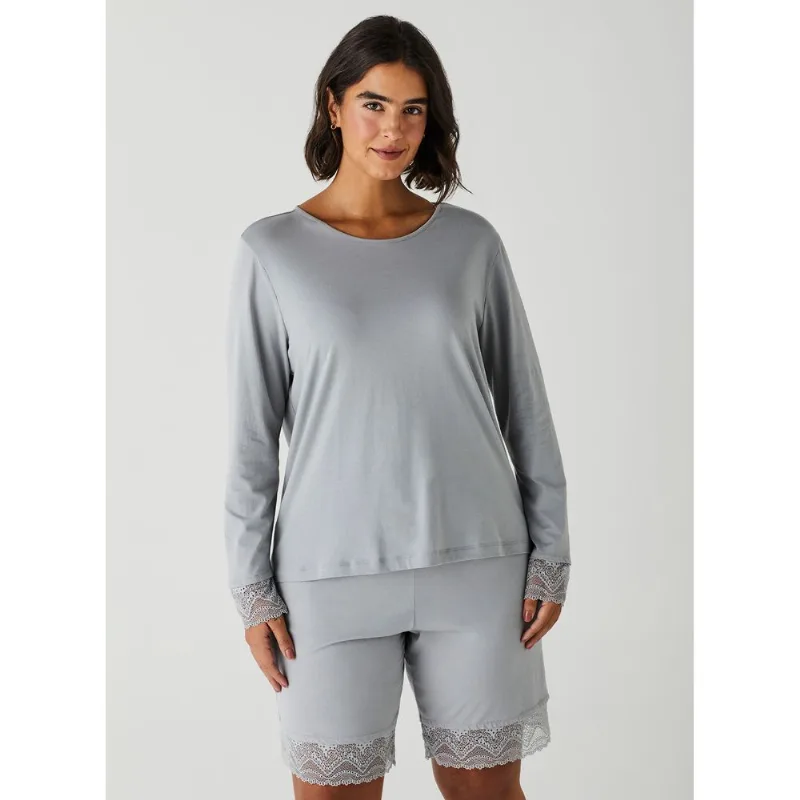 Camiseta de Pijama Manga Longa de Algodão com Renda 21700 Silver G