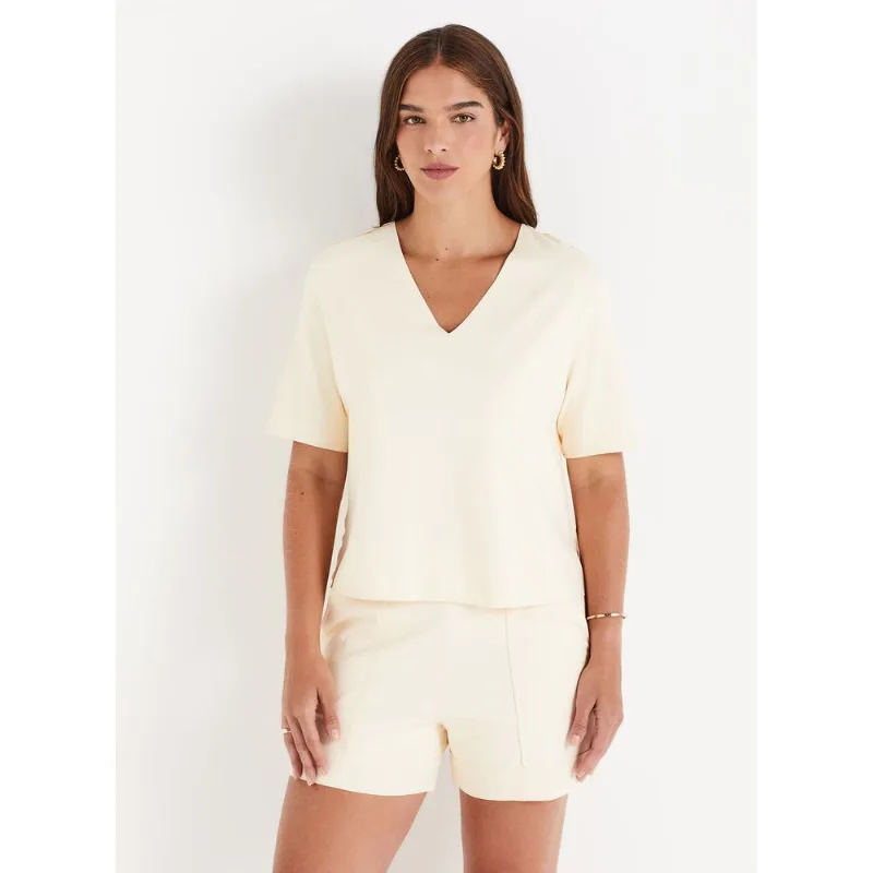 Blusa Decote V Manga Curta Interlock Luxury 21667 Vanilla M