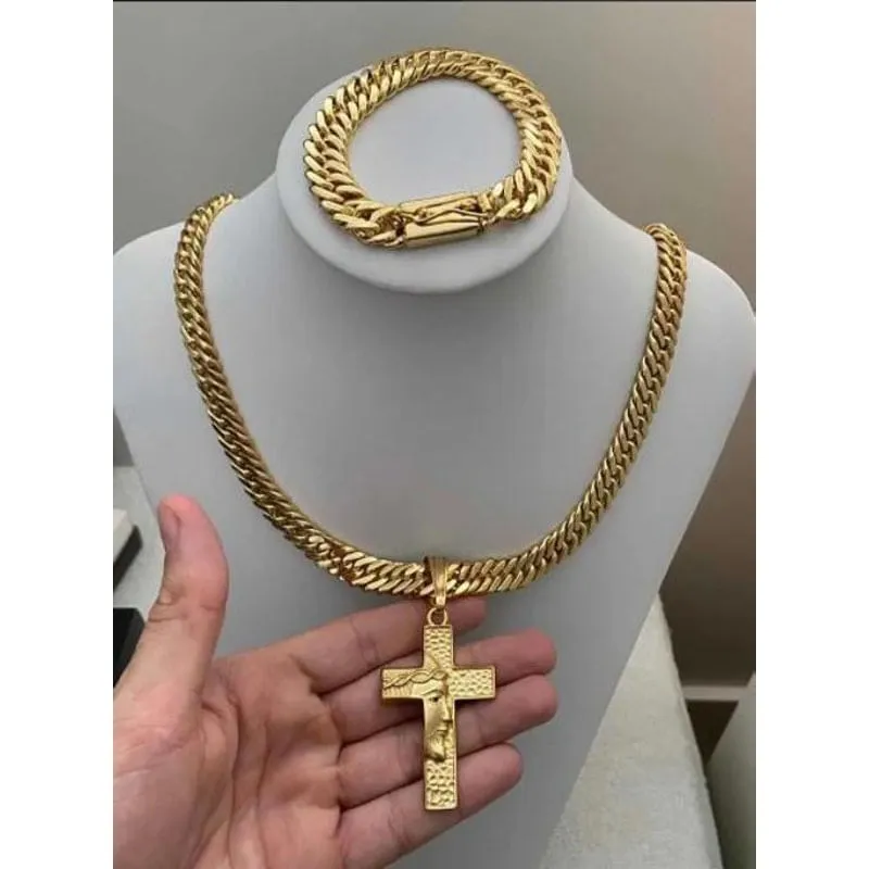 Kit Cordão Pulseira Pingente Grumet 13Mm Banhado A Ouro 18K