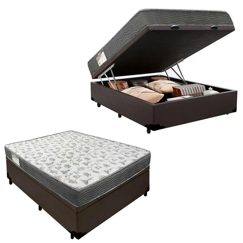 Cama Box Baú Casal Sintético + Colchão De Molas Ensacadas Sereneprime 138x188x62cm Marrom
