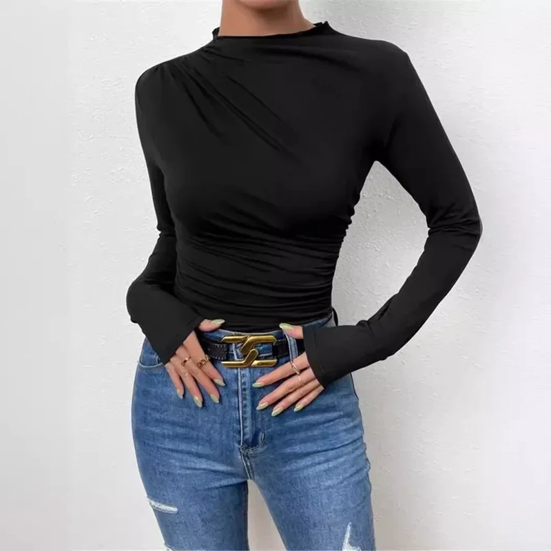 Blusa Básica Gola Redonda Manga Longa Malha com Elastano Lenogue Preto / M