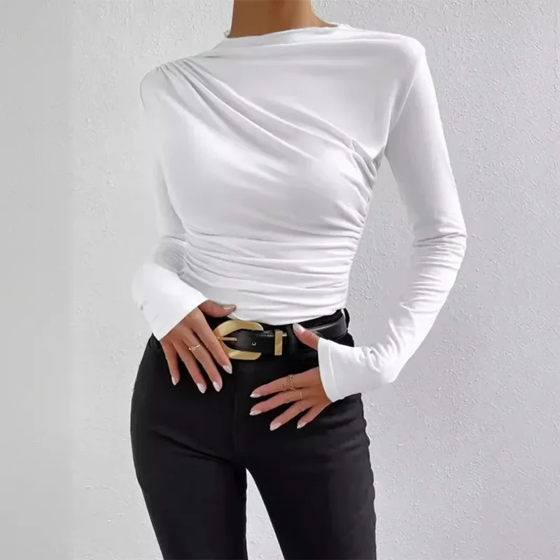 Blusa Básica Gola Redonda Manga Longa Malha com Elastano Lenogue Branco / M