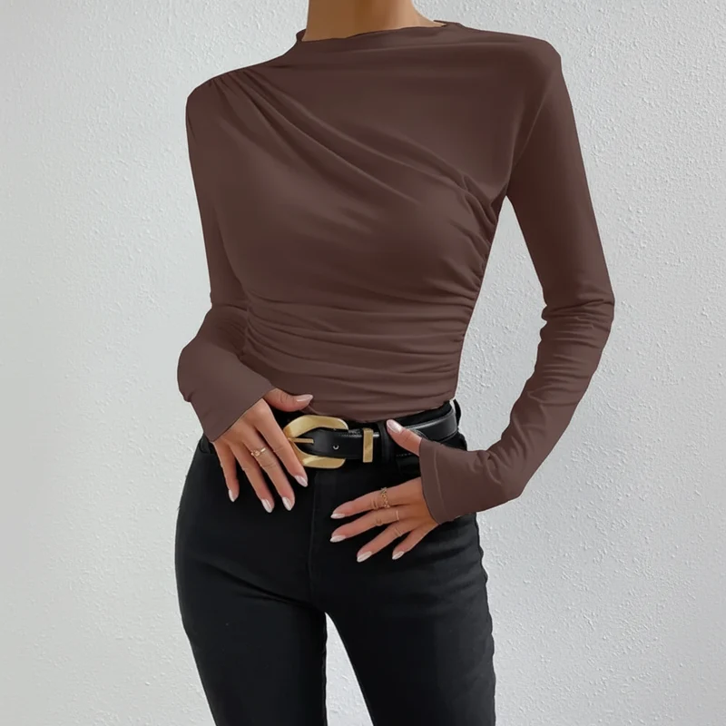 Blusa Básica Gola Redonda Manga Longa Malha com Elastano Lenogue Marrom / M