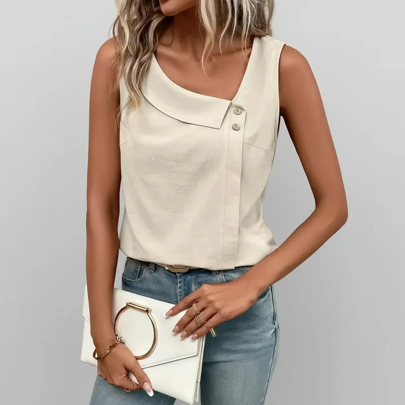 Blusa Casual Regata com Gola Assimétrica Lenogue Bege / GG