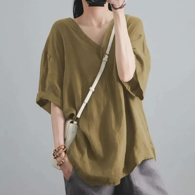 Blusa de Chiffon Gola v Modelagem Solta Manga Três Quartos Lenogue Caqui / XGG
