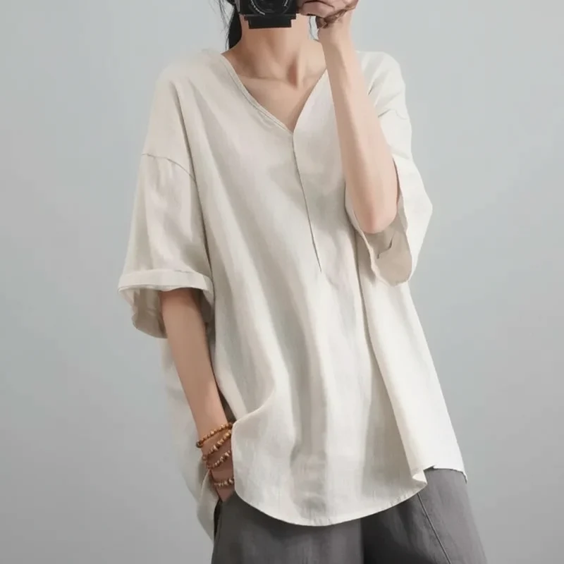 Blusa de Chiffon Gola v Modelagem Solta Manga Três Quartos Lenogue Bege / M