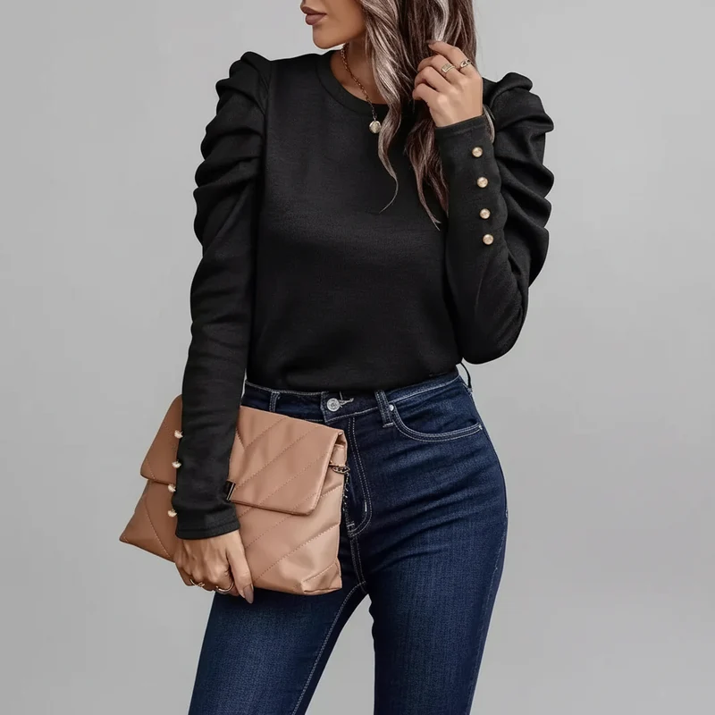 Blusa de Malha com Elastano Manga Bufante Lenogue Preto / M