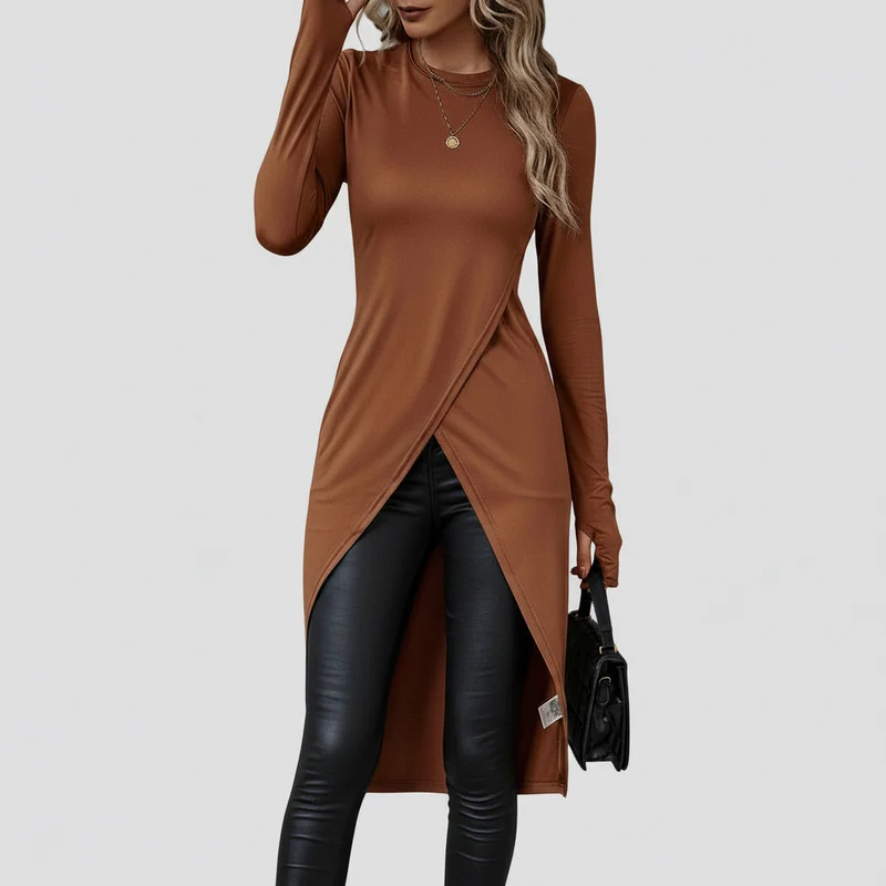 Blusa de Malha Transpassada Assimétrica Lenogue Marrom / GG