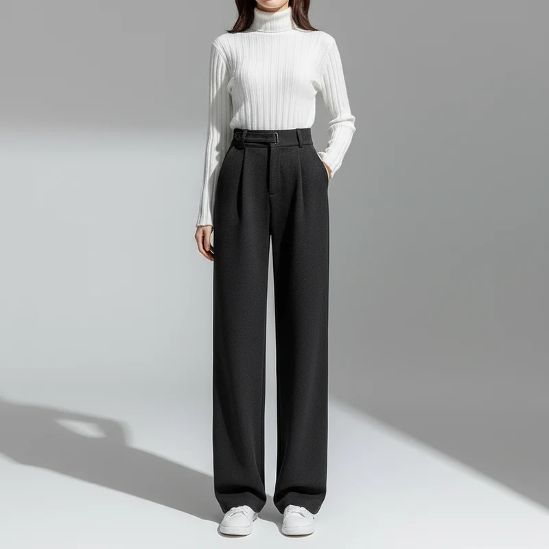 Calça Pantalona de Cintura Alta em Lã para Uso Casual Lenogue Preto / PP