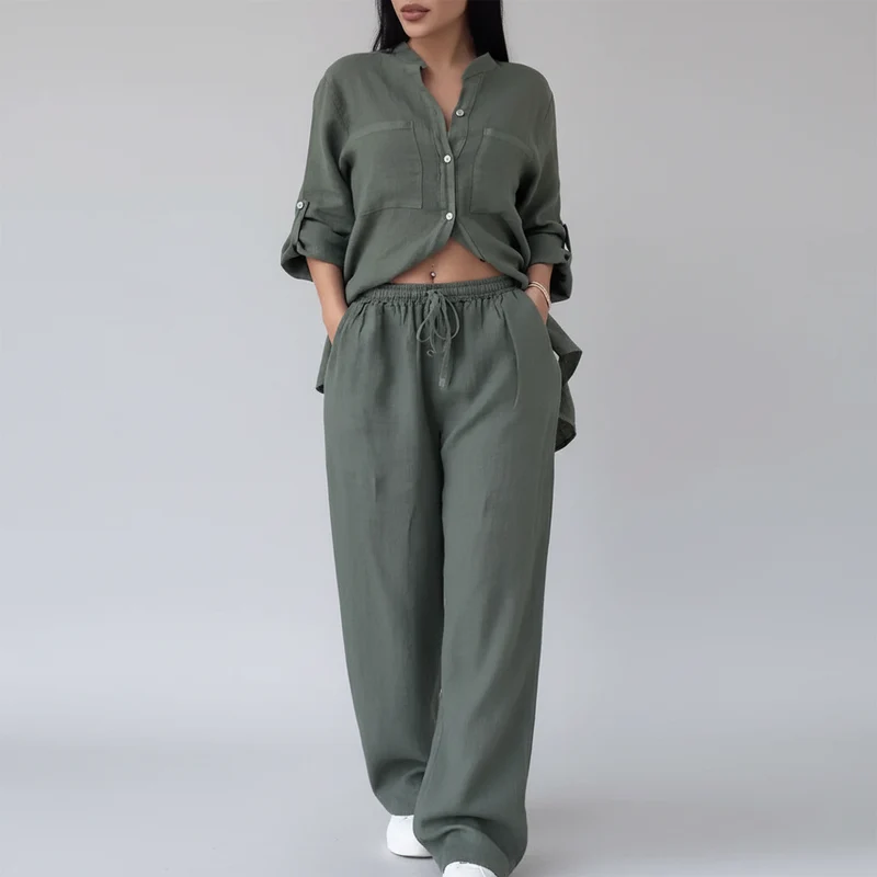 Conjunto Camisa e Calça Pantalona Linho Algodão Ajustável Lenogue Cinza / G