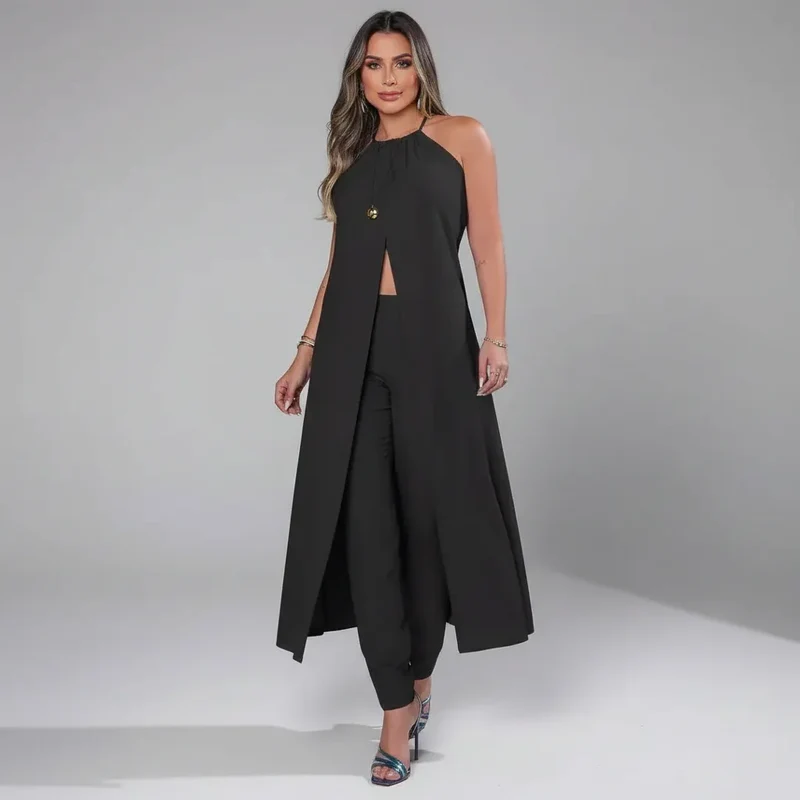 Conjunto Top Halter Alongado e Calça Reta Cintura Alta Lenogue Preto / G