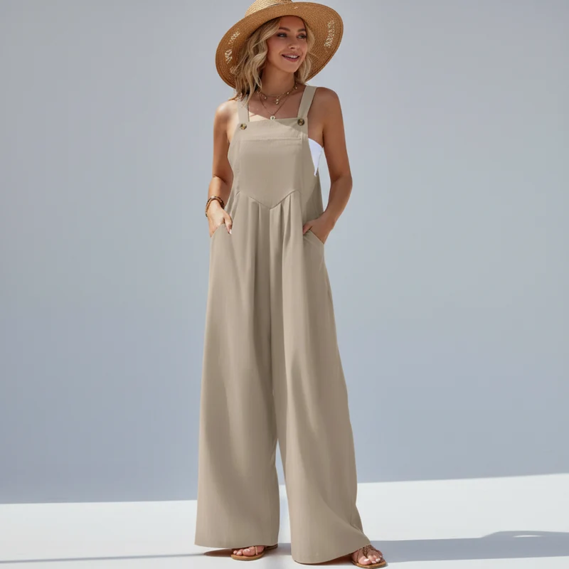 Macacão Estilo étnico Casual Elegante com Perna Larga Lenogue Caqui / G