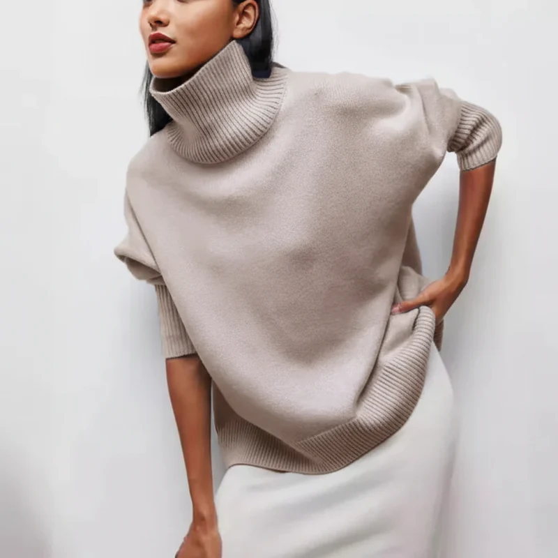 Suéter Tricot Gola Alta Peluciado Slim Manga Longa Lenogue Bege / G