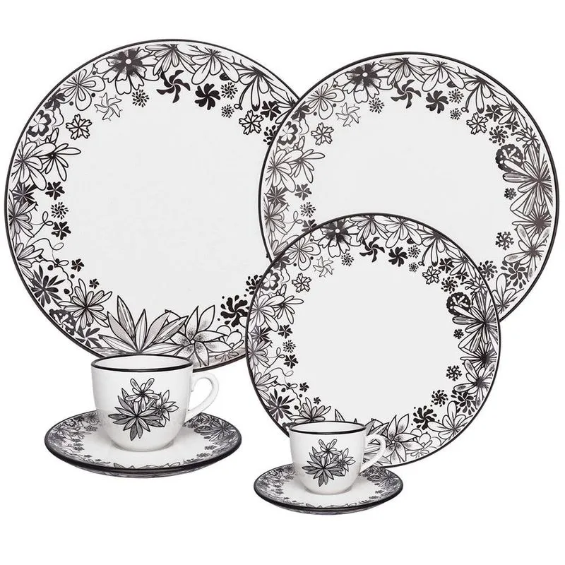 Aparelho De Jantar Chá Café Oxford Porcelana Floresa Negra - 42 Peças