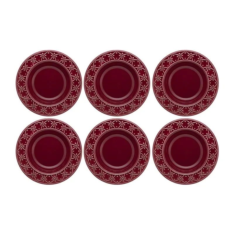 Jogo de Pratos Fundos Cerâmica 6 Peças Vermelho Escuro Oxford Daily Mendi Corvina