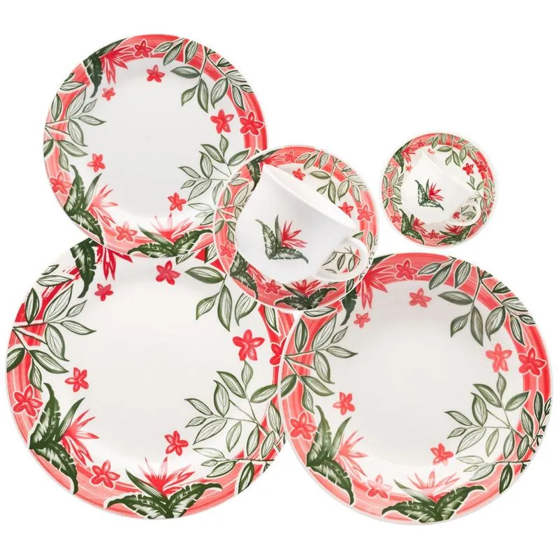 Aparelho de Jantar Cerâmica 42 Peças Oxford Biona Jardim Tropical Floral Resistente