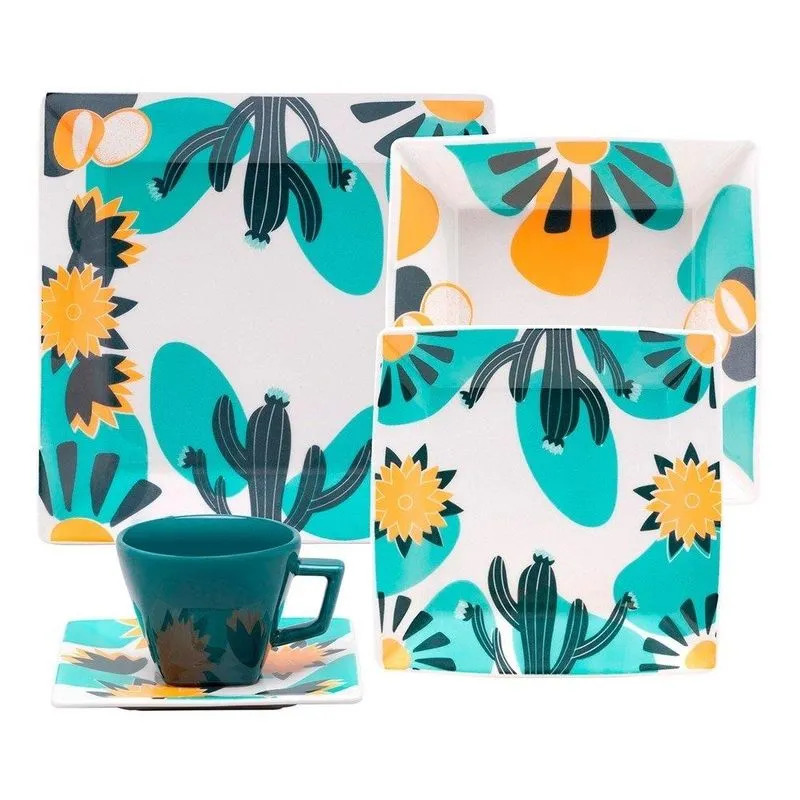 Aparelho De Jantar 30 Peças De Porcelana Oxford Quartier Mandacaru, Amarelo/verde/verde Escuro