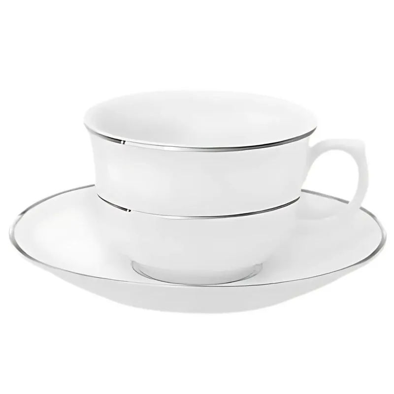 Xicara Café Com Pires 240ml Porcelana Borda Prata Diamond